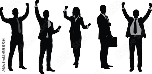 Business success silhouettes, corporate celebration, professional achievement, confident team, victory pose, office workers, briefcase, teamwork, leadership, flat vector illustration