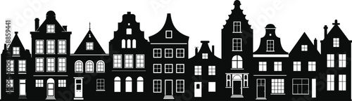 Amsterdam canal houses black and white silhouette illustration, traditional Dutch architecture skyline vector of historic European city buildings
