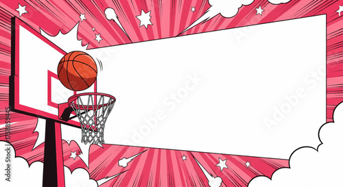 Pop art basketball sports game illustration. Dynamic background, comic victory, competition, energy, success