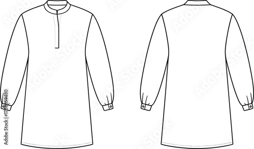 Front and back technical flat sketch of long sleeve traditional kurta shirt with mandarin collar and buttoned cuffs