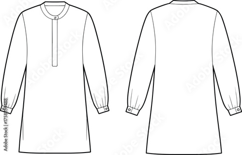 Front and back technical flat sketch of long sleeve tunic dress with buttoned cuffs and round neckline