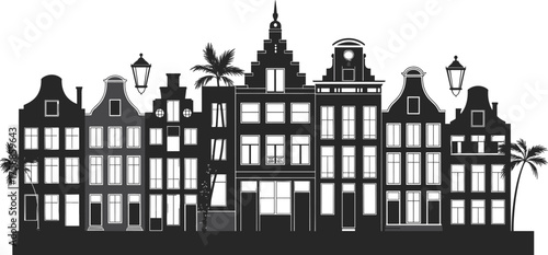 Black and white Amsterdam canal houses silhouette with palm trees and lanterns, minimalist Dutch architecture vector cityscape illustration