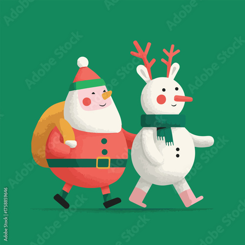 Christmas cartoon characters walking together, fun modern art mascot illustration with santa, snowman reindeer