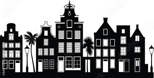 Black and white Amsterdam canal houses silhouette with palm trees and lanterns, minimalist Dutch architecture vector cityscape illustration