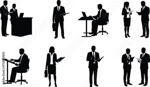 Silhouette Business Professionals Collaborating, Presenting, and Working with Documents and Laptops in Corporate Office Environment