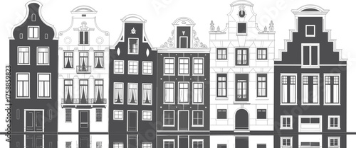 Black and white architectural illustration of traditional Dutch canal houses, Amsterdam city skyline in minimalist vintage style