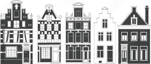 Black and white architectural illustration of traditional Dutch canal houses, Amsterdam city skyline in minimalist vintage style