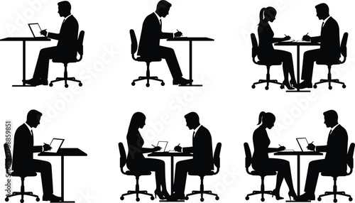 Silhouette Business Professionals Engaged in Interviews and Office Discussions Across Desks in Corporate Workplace Environment