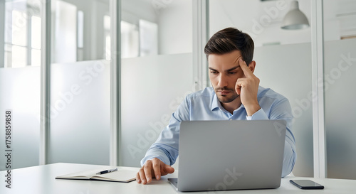 European business man holding hand near temples, feeling stressed and tired sitting at office workplace. Focused upset young businessman looking at laptop pc computer screen having stress.