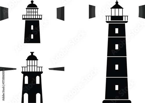 Black and white lighthouse silhouettes with glowing beams, minimalist maritime architecture vector illustration of coastal navigation beacons