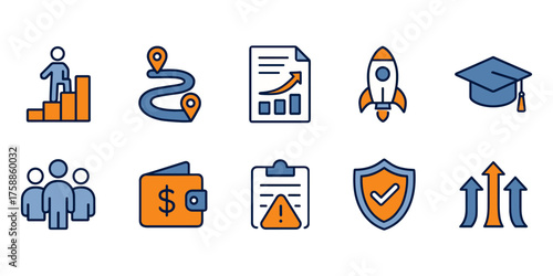 Growth, strategy, and business icons for finance, education, risk management, and project planning. Success, innovation, teamwork, and security concepts, vector illustration