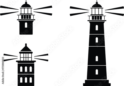 Black and white lighthouse silhouettes with glowing beams, minimalist maritime architecture vector illustration of coastal navigation beacons