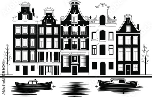 Black and white minimalist Amsterdam canal houses with boats illustration, Dutch architecture vector art of Netherlands city waterfront