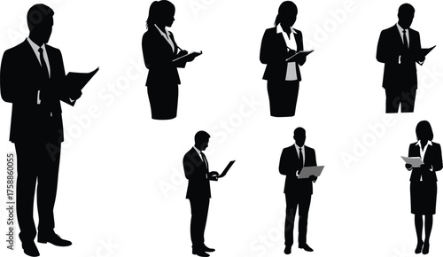 Silhouette Business Professionals Standing and Reading Documents, Tablets, and Laptops in Corporate Office Environment with Formal Attire