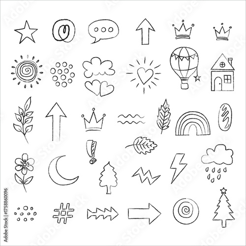 Collection of hand drawn doodle icons and symbols representing various concepts and ideas