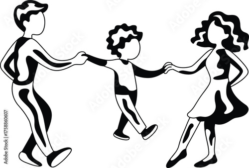 Minimalist black and white line art of family holding hands, parents and child together symbolizing unity, love, and connection