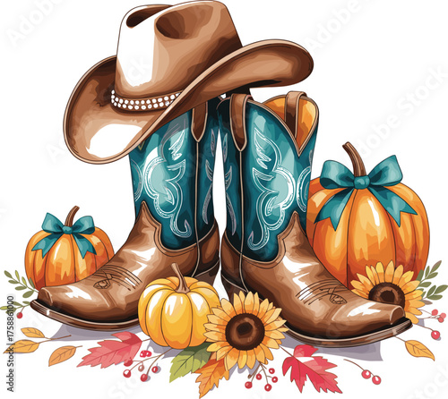 Watercolor cowboy boots and hat with pumpkins and sunflowers, western autumn decor, rustic country illustration, fall harvest design