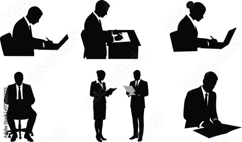 Business professionals silhouettes, office activities, document review, laptop usage, seated posture, teamwork, writing task, workplace routine, corporate behavior, productivity