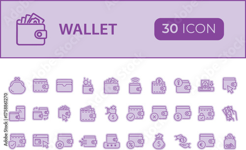 Collection of wallet icons isolated on transparent background