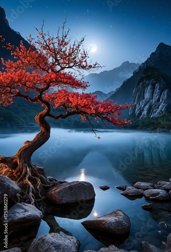 Night Lake Landscape with Red-Leaved Tree and Snowy Mountains in the Background