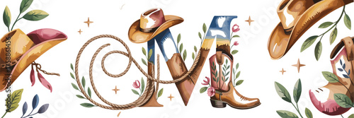 Western watercolor illustration with cowboy hats, boots, and rope lettering, rustic country art, vintage western fashion, floral decorative design