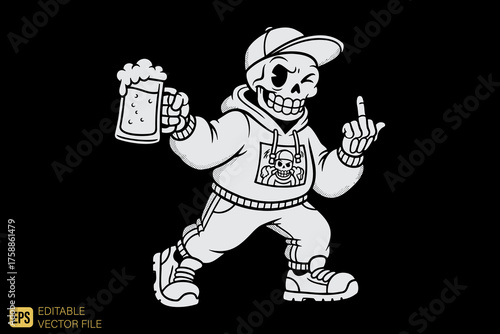 Cool Skeleton Character with Beer and Middle Finger Gesture.