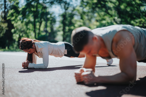 Canvas Print A motivated man and woman engaging in outdoor fitness exercises, focusing on planking activities, showcasing teamwork, strength, and a commitment to an active and healthy lifestyle in nature