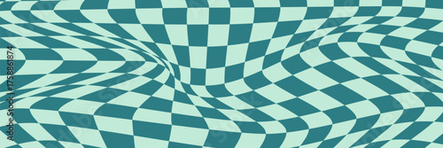Green groovy checker seamless pattern, wavy abstract retro checkerboard background