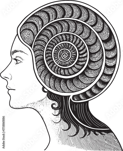 Profile of a woman with a nautilus shell pattern in her hair Mental health head