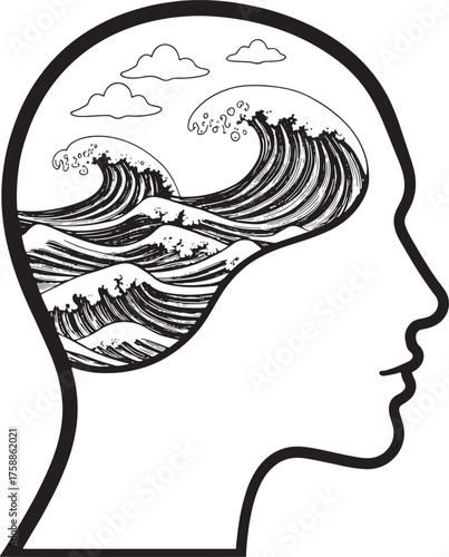 Silhouette of a human head filled with crashing ocean waves and clouds Mental health profile face
