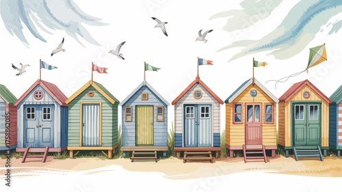 Colorful beach huts lined up on sandy shore with seagulls flying