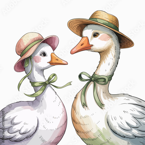 Two adorable geese wearing straw hats and bows