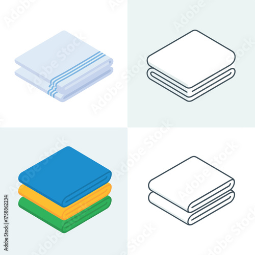 Isometric illustration of folded towels in color and outline