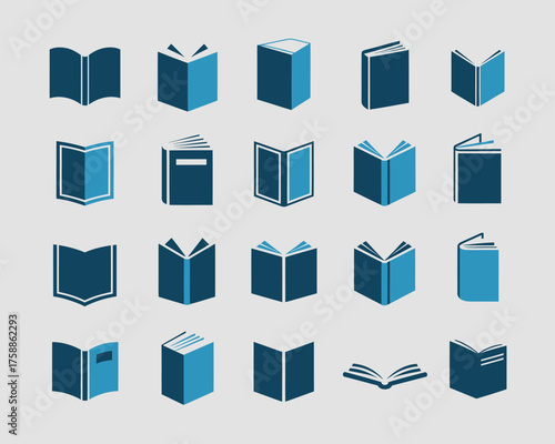 Collection of blue open and closed books in isometric view
