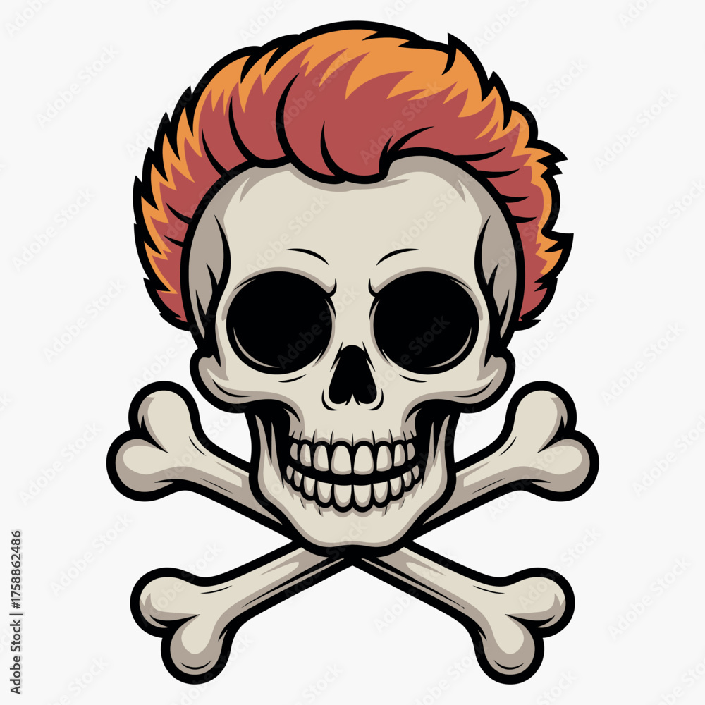 Fototapeta premium Cartoon skull and crossbones with spiky orange hair