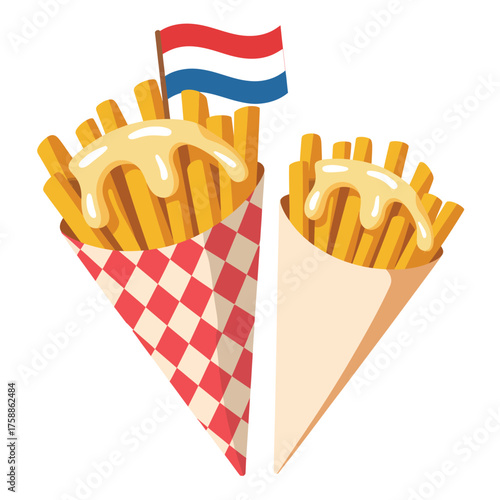 Delicious french fries with cheese sauce and dutch flag