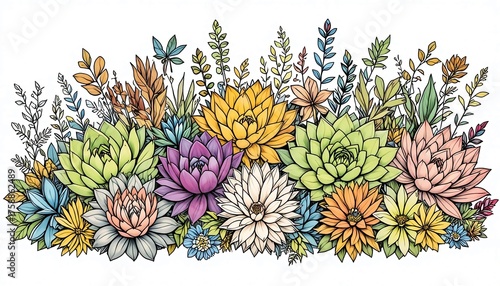 Vibrant watercolor floral arrangement bursts with colorful succulents and delicate foliage, perfect for decorative designs and springtime themes.