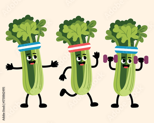 Three cartoon celery stalks exercising and being healthy