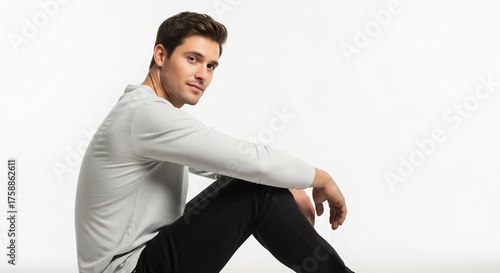 A man in a gray longsleeve shirt and black pants sits on a white background