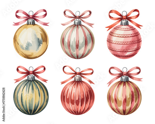 Collection of six watercolor christmas ornaments with ribbons
