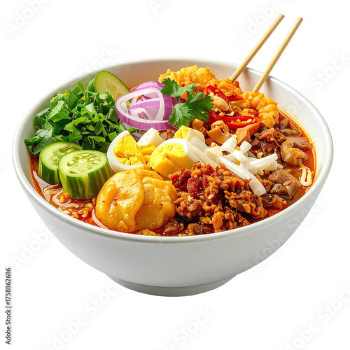 Vibrant Asian noodle dish in a white bowl, filled with diverse toppings and chopsticks