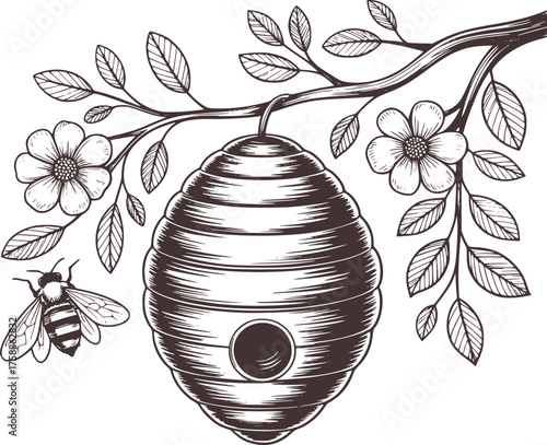 Beehive hanging from branch with flowers and bee leaves