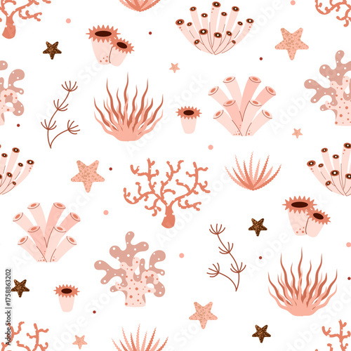 Seamless pattern with algae, corals, starfish. Sea creatures, underwater world, oceanic and marine themes. Vector illustration