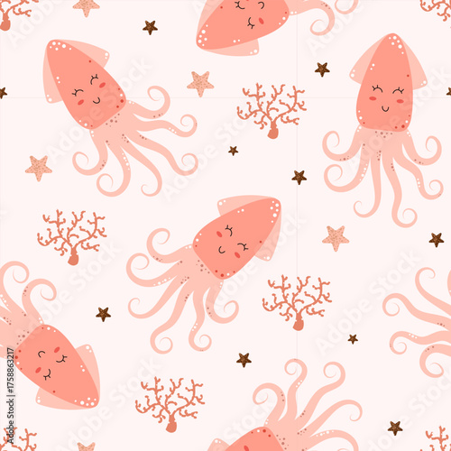 Seamless pattern with cute squids. Sea creatures, underwater world, oceanic and marine themes. Vector illustration