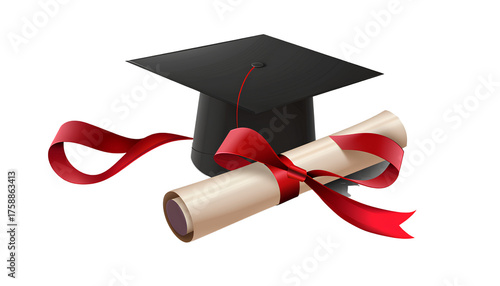  graduation cap with red ribbon and diploma, isolated on a transparent background 