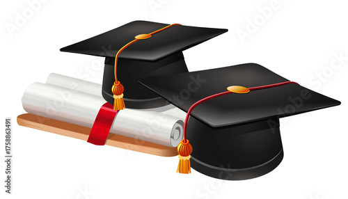 graduation cap with red ribbon and diploma, isolated on a transparent background