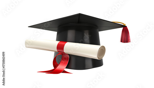 graduation cap with red ribbon and diploma, isolated on a transparent background 