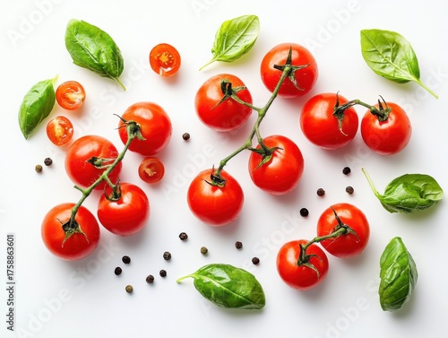 Isolated fresh cherry tomatoes with green basil leaves and black peppercorns arranged isolated on white background. A flat-lay food