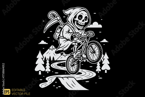 Grim Reaper Skeleton Riding BMX Bicycle Downhill in Winter Lands