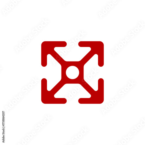Red symmetrical cross-section of an aluminum extrusion profile with a central hole and four outward-pointing arms, isolated on a white background.